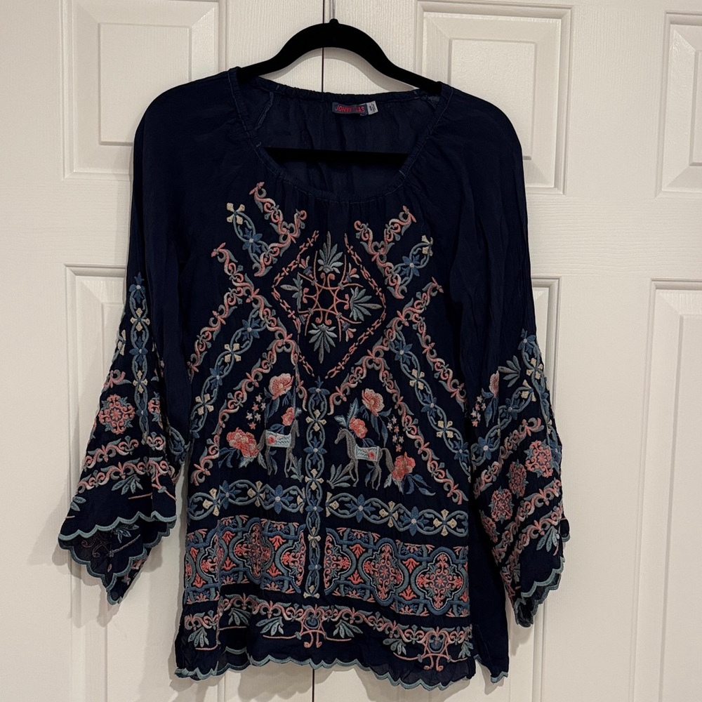 Johnny Was Navy Embroidered Boho Tunic with Pink & Light Blue Accents